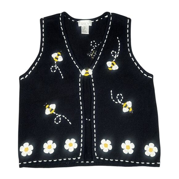 Vintage 90s Mandal Bay Bees & Daisy Flowers Knit Sweater Vest - Picture 1 of 7